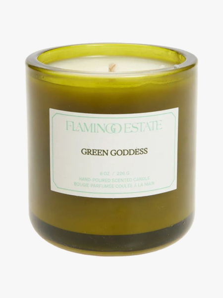 Flamingo Estate Green Goddess Candle in branded component on a light gray background