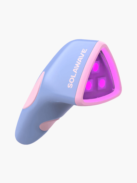Bye Acne: 3-Minute Pimple Spot Treatment device in branded purple and pink color way in light gray background