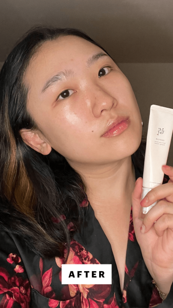 Allure commerce editor Sarah Han after applying the Beauty of Joseon Revive Eye Serum