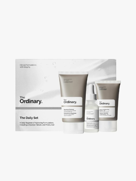 The Ordinary The Daily Set in branded components on a light gray background
