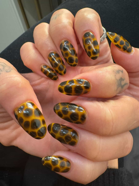 Dua Lipa wears a brown tortoiseshell manicure.