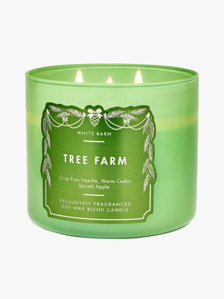 Bath & Body Works Tree Farm Candle in branded tub component on a light gray background