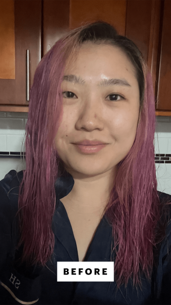 Allure commerce editor Sarah Han before applying the K18 HeatBounce LeaveIn Conditioner Heat Protectant