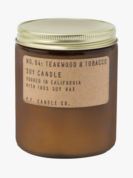 P.F. Candle Co Teakwood and Tobacco in branded tub component on a light gray background