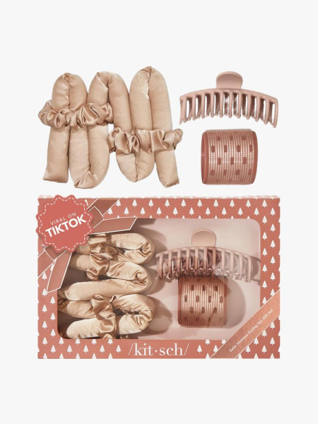 Kitsch Satin Heatless Hair Curler Styling Gift Set in branded components on a light gray background