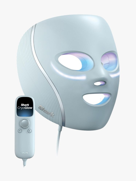 Shark Beauty CryoGlow Cooling + LED Face Mask light blue LED face mask with remote on light gray background