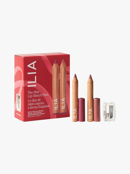 Ilia The Mini Lip Sketch Duo in branded component on a light gray background